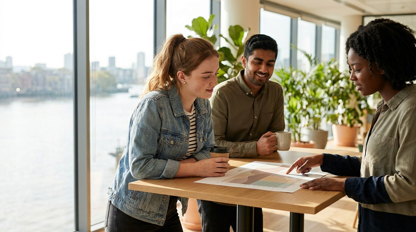Three interns gathered around a standing-height table in a bright open-plan office, one pointing at a printed chart whil