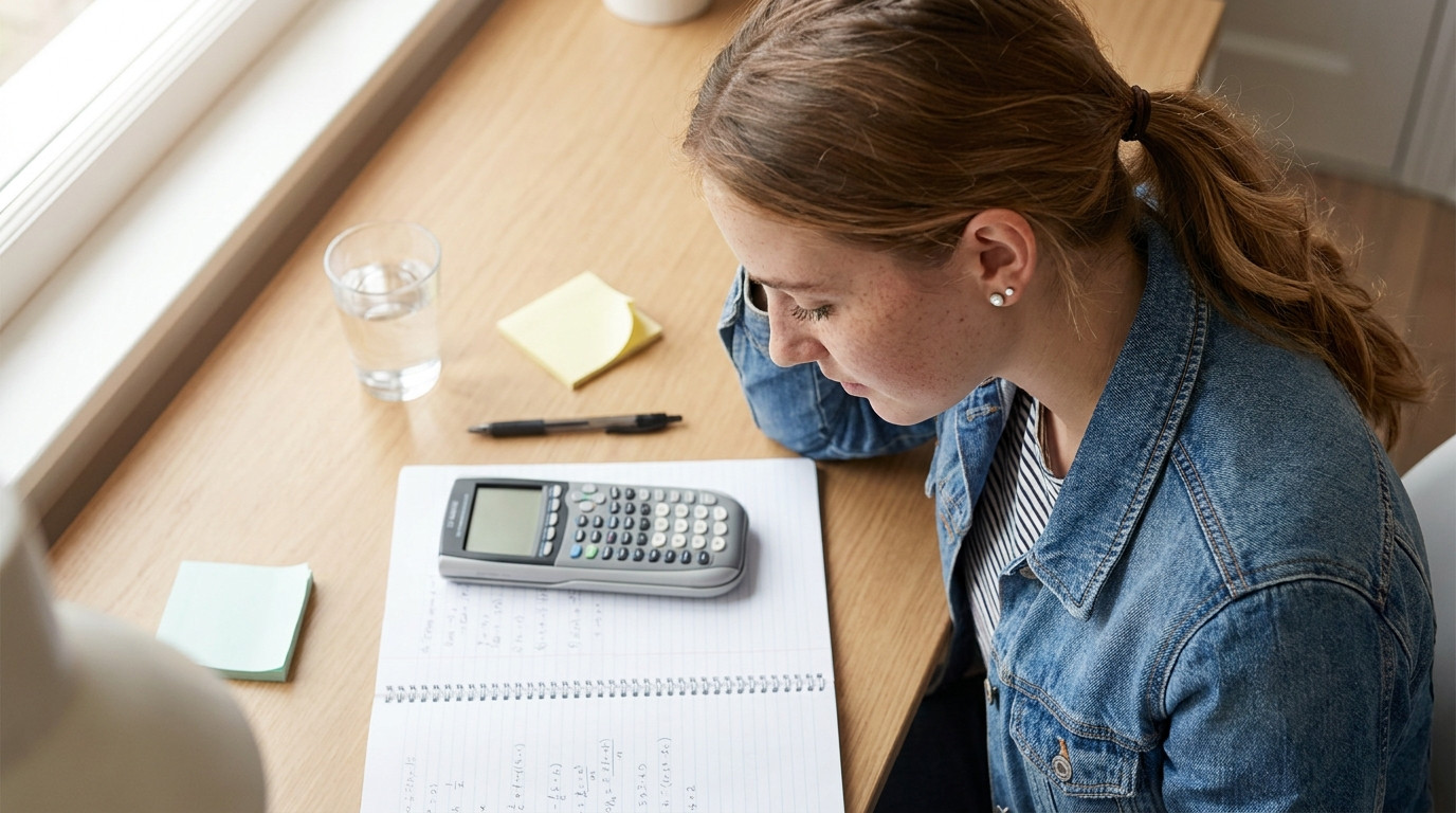 Overhead close-up of a tidy study desk staged for assessment prep, a graphing calculator resting on an open spiral noteb