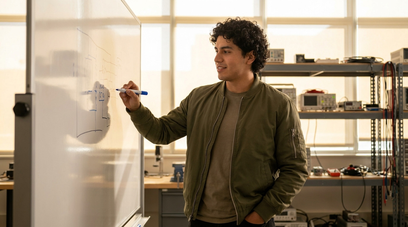 Student standing alone at a tall whiteboard in a bright engineering lab, sketching a rough system diagram with a blue ma