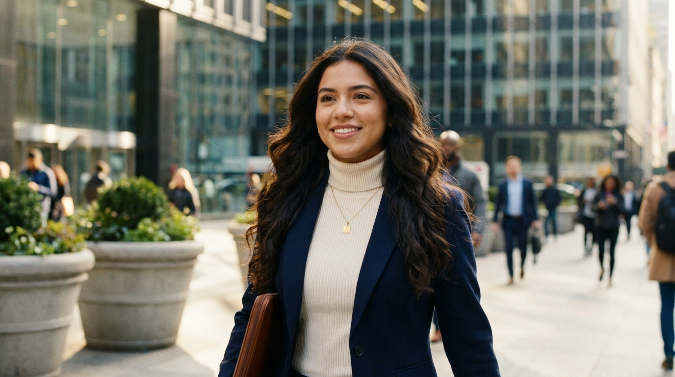 Young professional in a fitted navy blazer walking briskly through a sunlit Midtown Manhattan plaza, glass towers and si