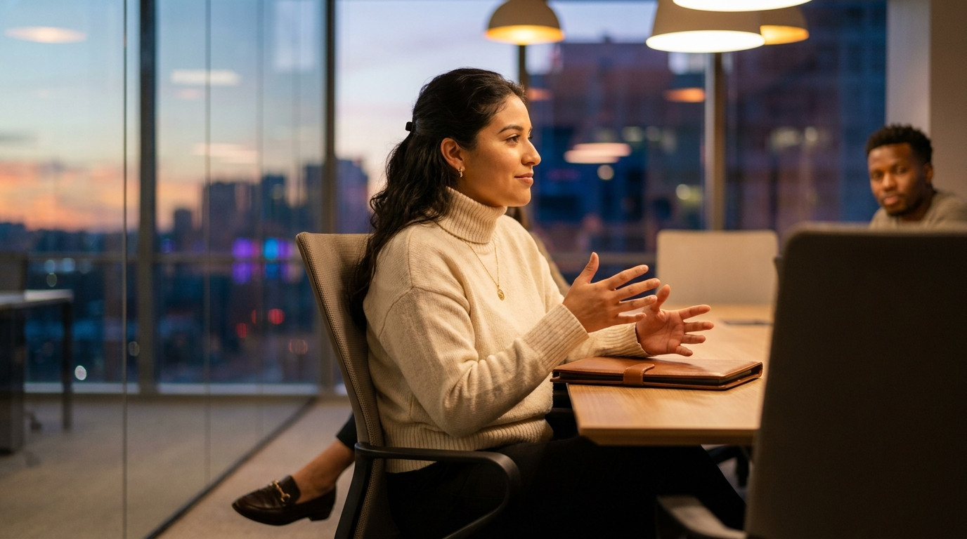 Student in business casual sitting in a quiet conference room rehearsing an answer, hands mid-gesture over a closed padf