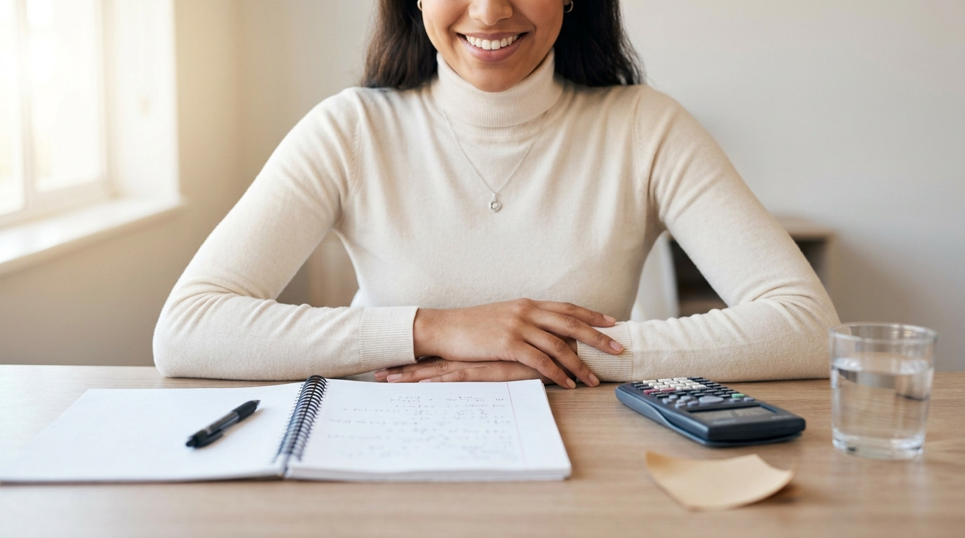 Overhead close-up of a tidy desk staged for technical interview prep: a graphing calculator resting on a spiral notebook