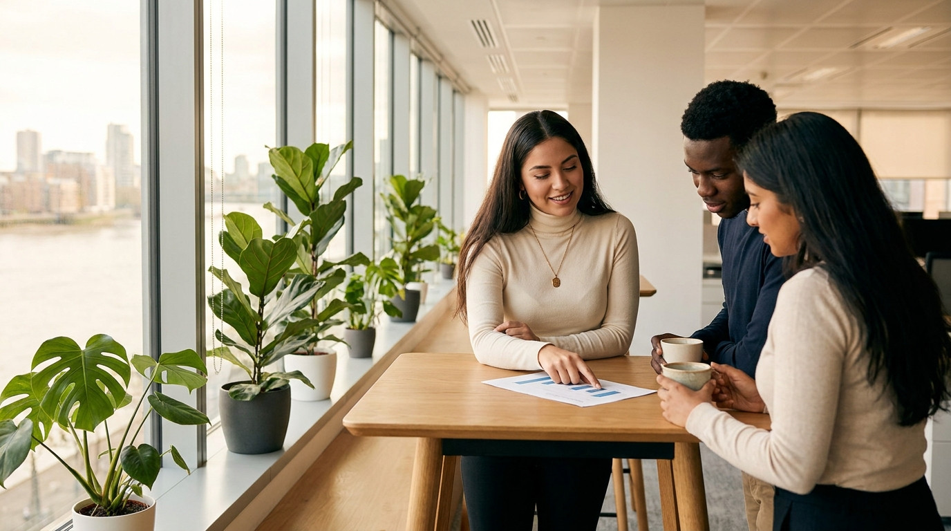 Three interns gathered around a standing-height table in a bright open-plan office, one pointing at a printed chart whil