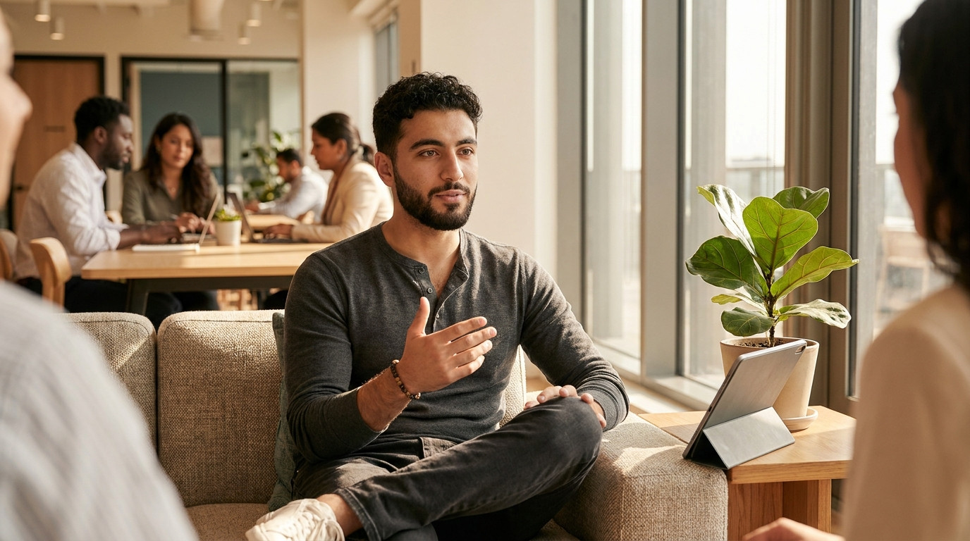 Student in business casual sitting cross-legged in a bright co-working lounge, gesturing mid-explanation to an off-camer