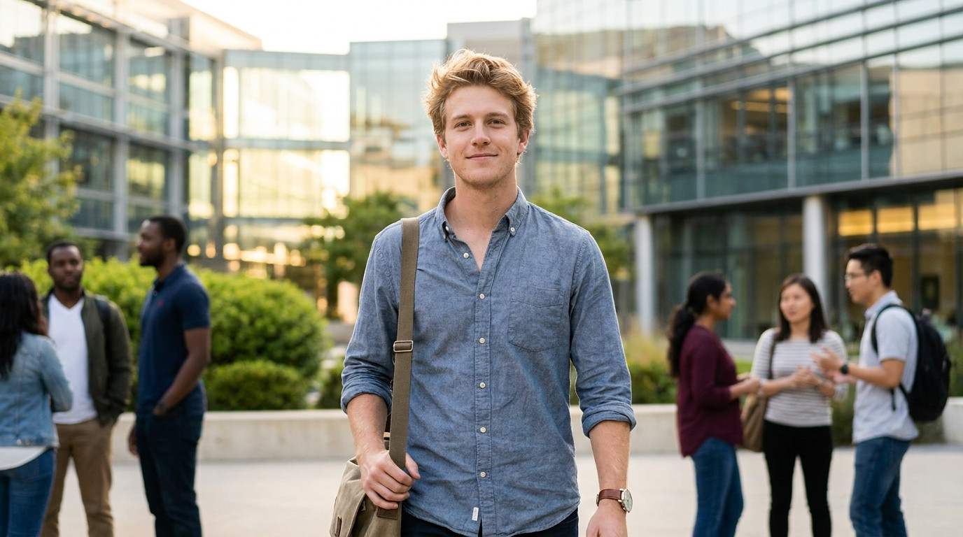 Young software engineer in a casual button-down walking through a sunlit tech campus courtyard, modern glass buildings i