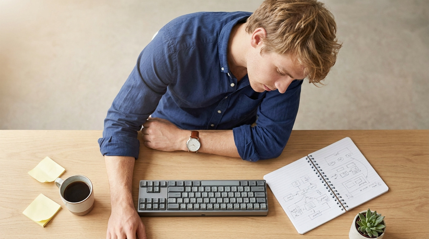 Overhead close-up of a minimalist desk staged for coding prep, a mechanical keyboard next to an open spiral notebook wit