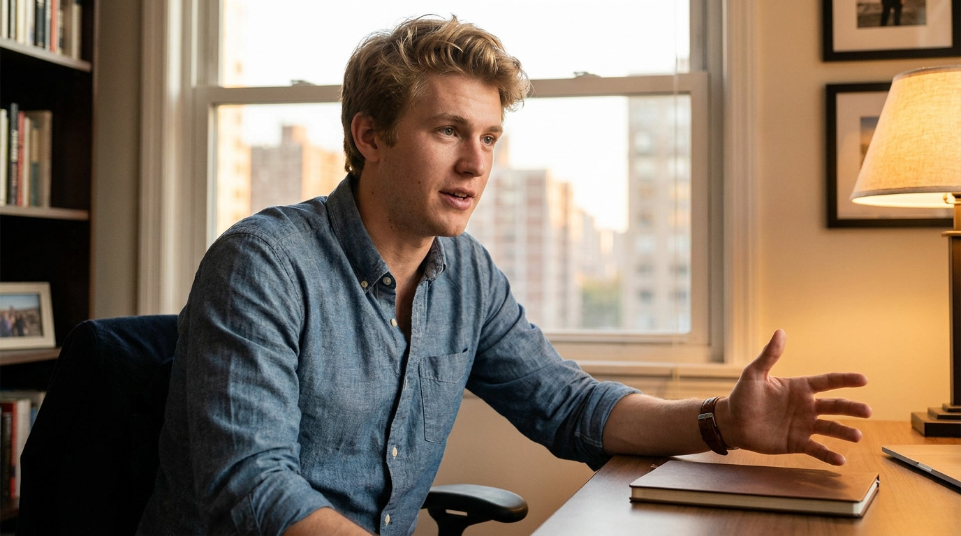 Student in smart casual leaning forward during a video interview in a quiet home office, hands gesturing mid-explanation