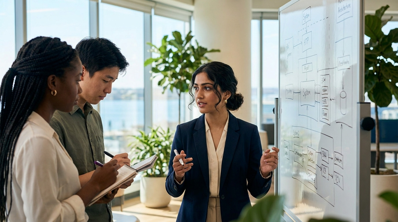 Three interns huddled around a whiteboard in a modern open-plan office, one gesturing at a hand-drawn system architectur