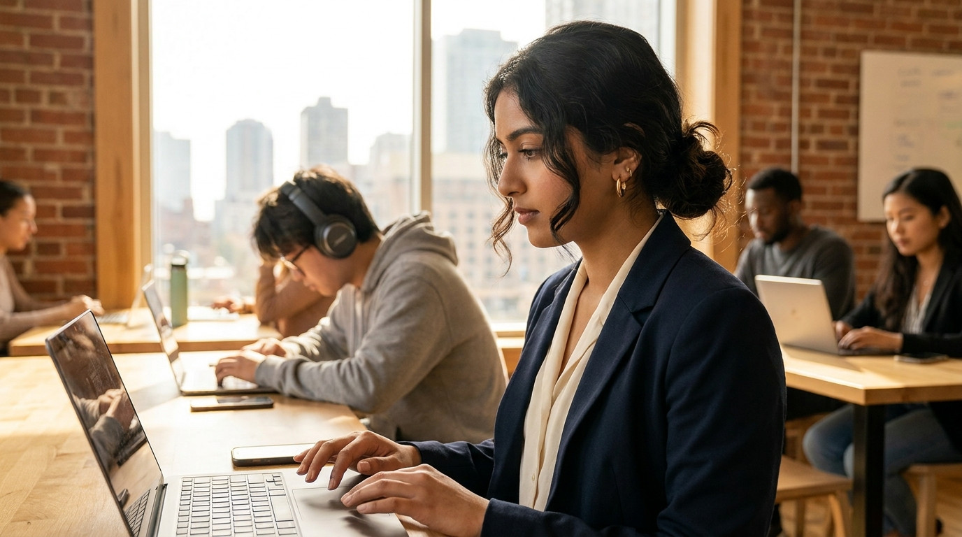 Student in a hoodie and headphones sitting in a bright co-working space running through a practice coding problem, hands