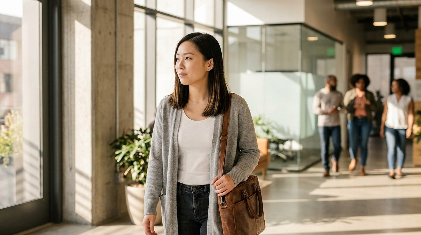 Young software engineer in a dark hoodie and jeans walking through a modern San Francisco office lobby with exposed conc
