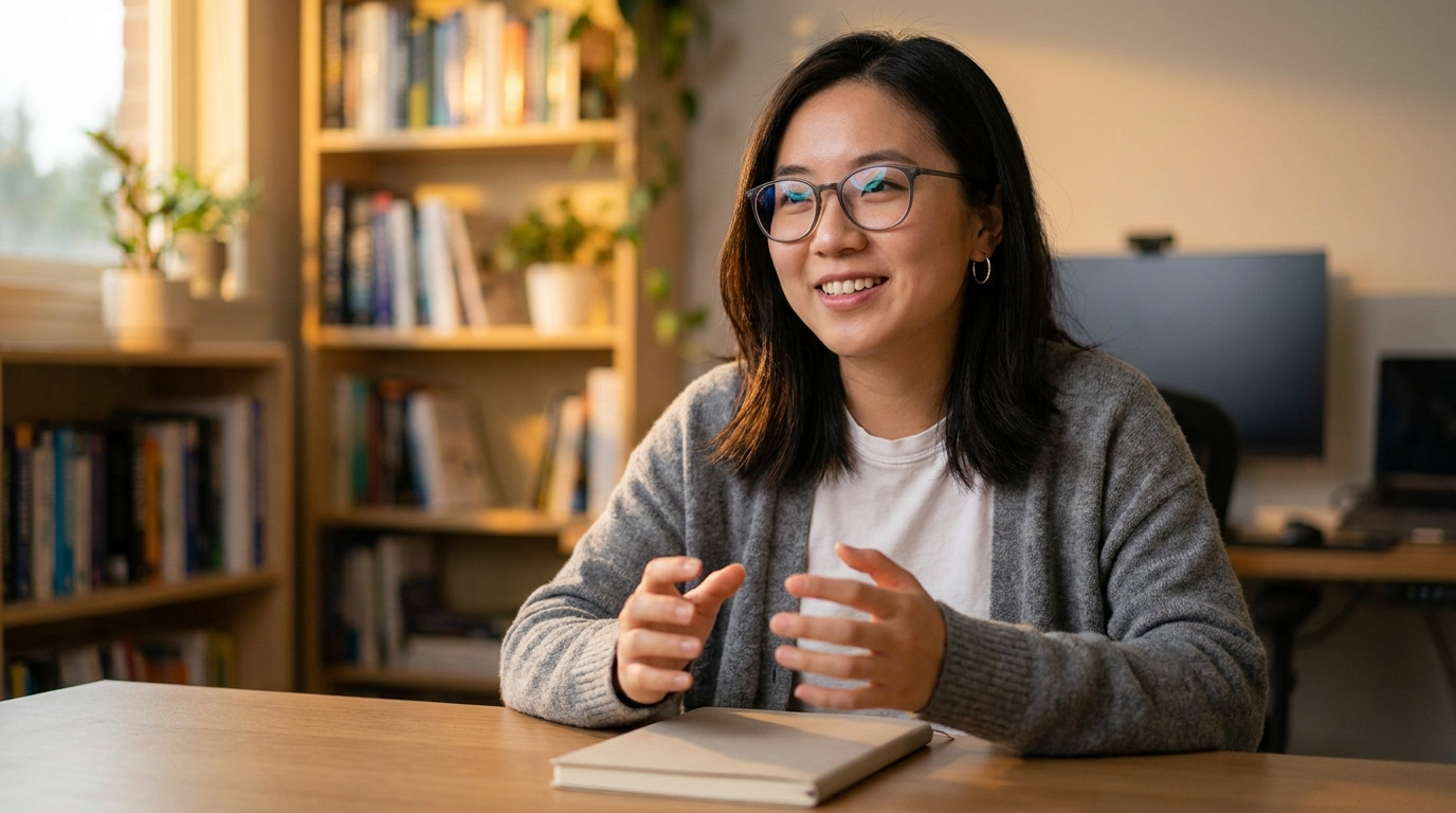 Student in a casual button-down leaning forward in a video interview setup at home, hands mid-gesture over a closed note