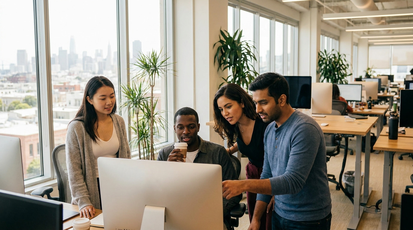 Four interns clustered around a large monitor in a bright open-plan office, one pointing at the screen while others hold