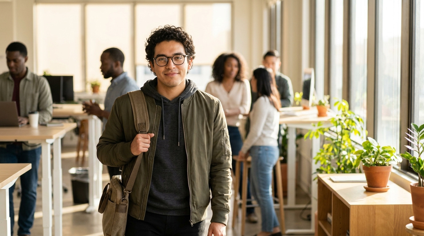 Young researcher in a casual hoodie and glasses walking through a modern open-plan tech office in San Francisco, morning