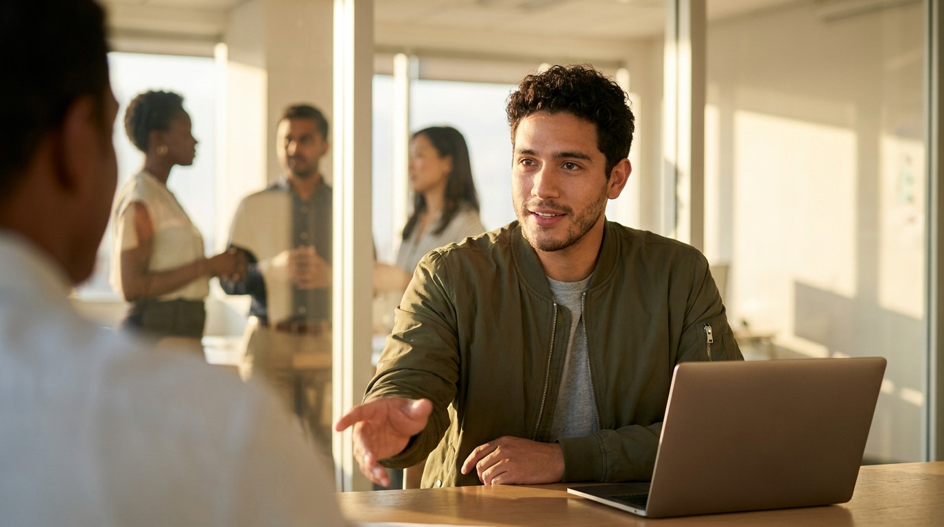 Graduate student in a simple button-down shirt sitting in a bright glass-walled meeting room, leaning forward mid-explan