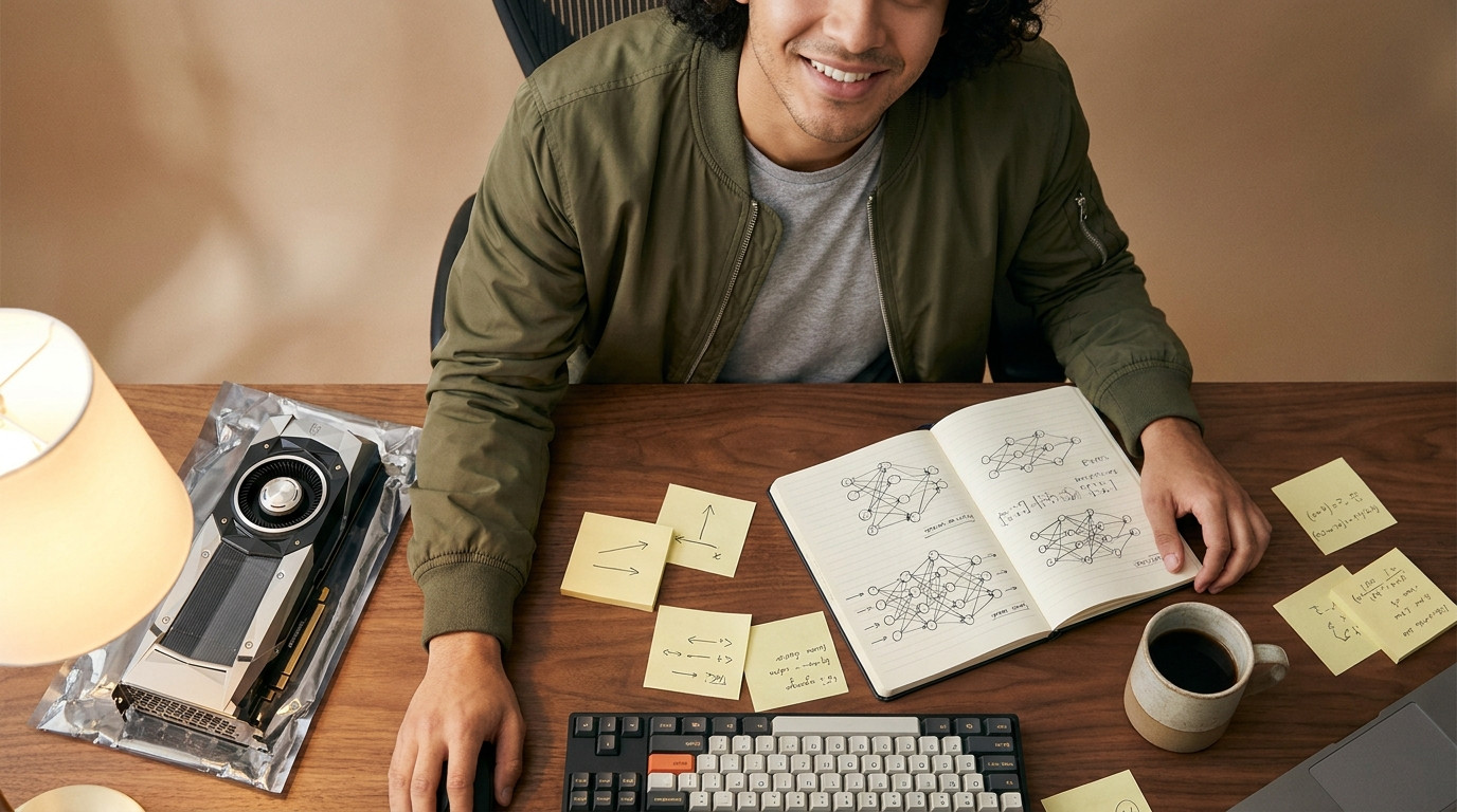 Overhead close-up of a researcher's desk with a mechanical keyboard, an open notebook showing hand-drawn neural network 