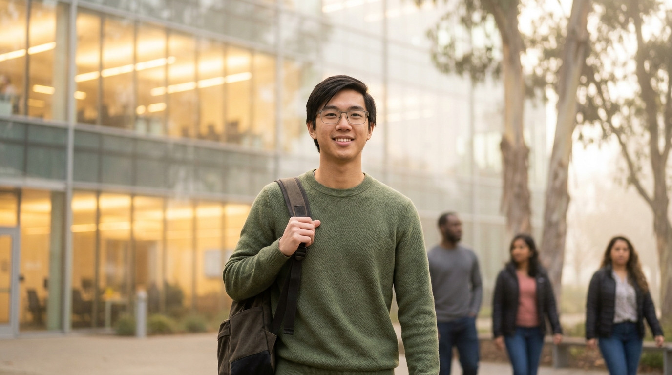 Young software engineer in a casual hoodie walking through a modern tech campus courtyard on a foggy San Francisco morni