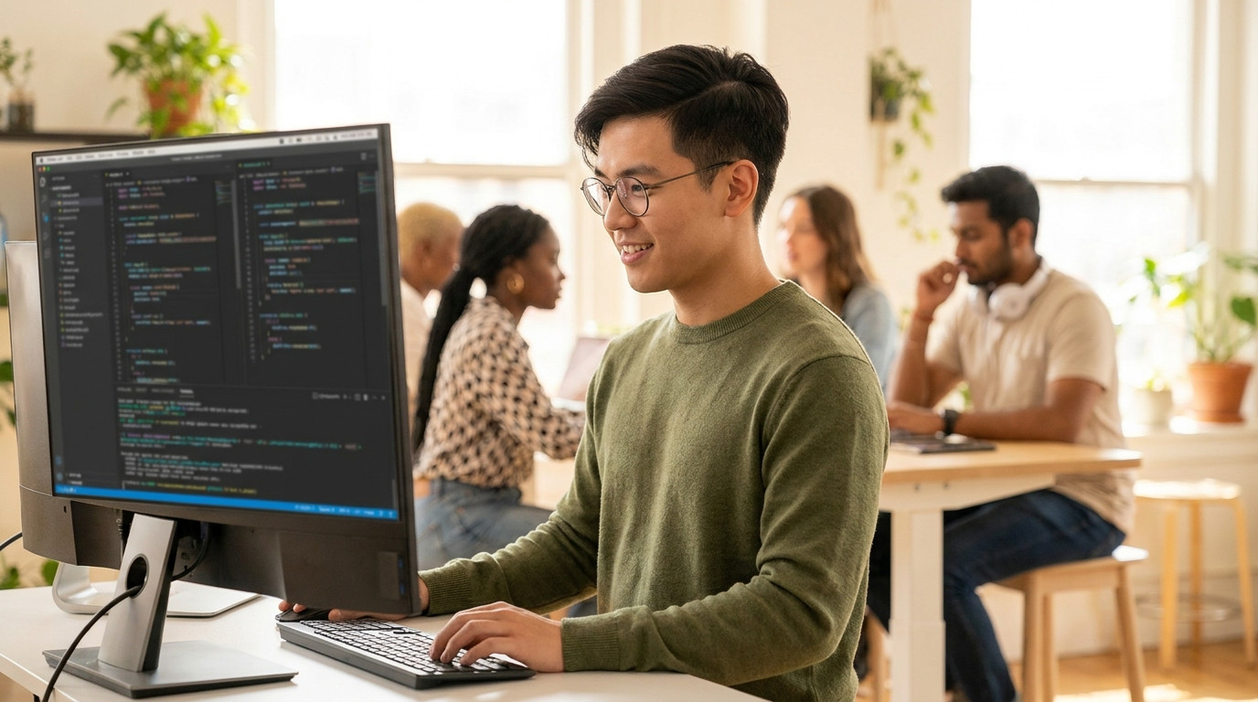Student in a plain t-shirt and headphones sitting at a standing desk in a bright co-working space, hands on keyboard mid
