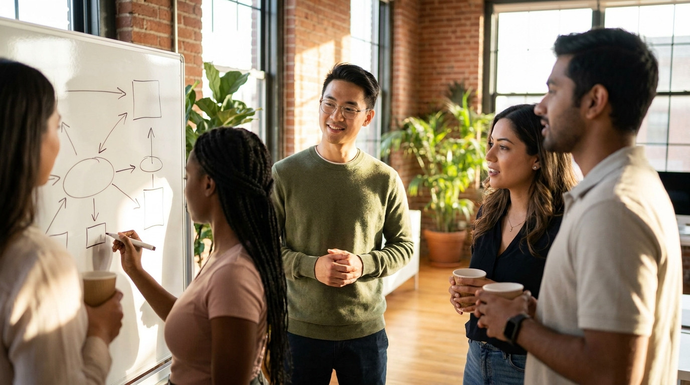 Four interns gathered around a whiteboard in a modern open-plan office, one sketching a data pipeline diagram while the 