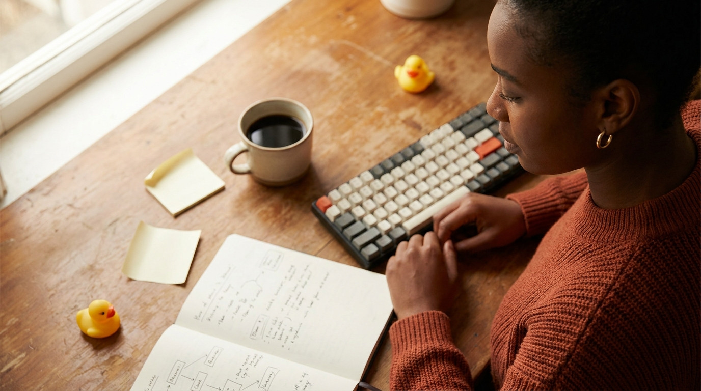 Overhead close-up of a developer's desk staged for a coding session, a mechanical keyboard next to an open notebook with