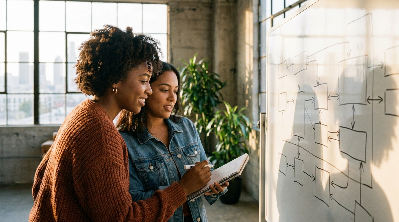 Two interns collaborating at a whiteboard in a bright open-plan office, one sketching a system architecture diagram whil