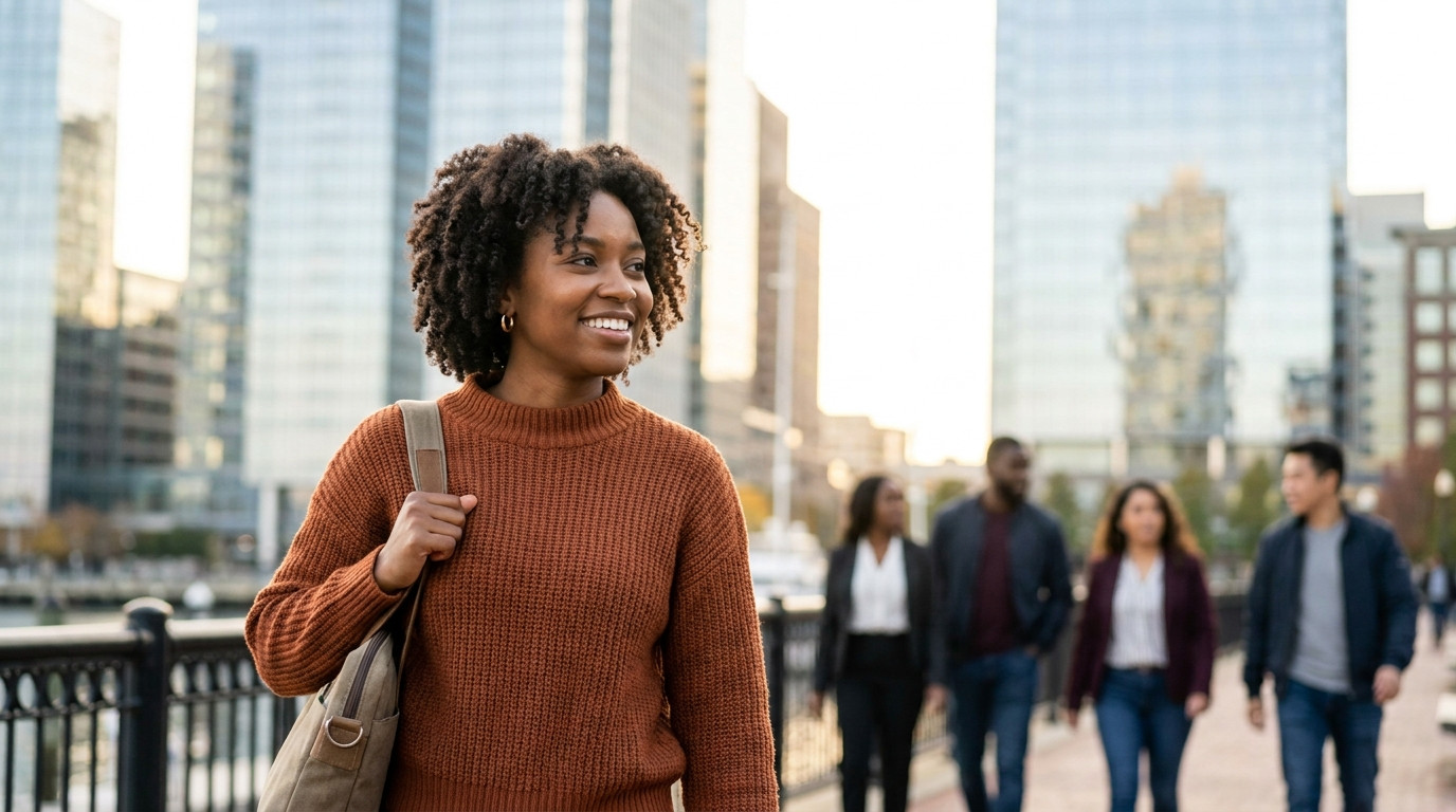 Young software engineer in a casual hoodie and jeans walking through a bright Boston waterfront district on a summer mor