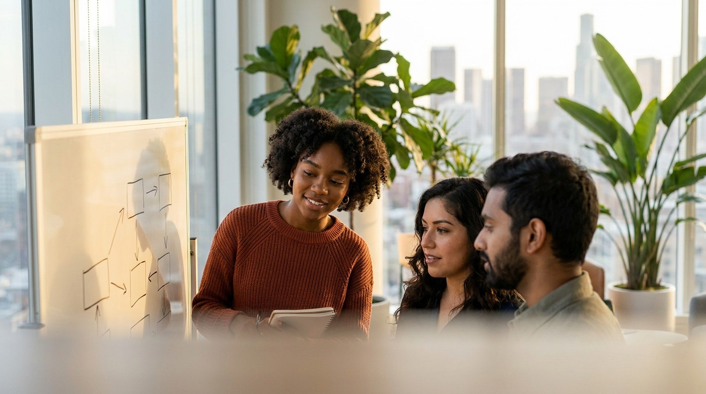 Three interns gathered around a whiteboard in a bright open-plan office with floor-to-ceiling windows, one sketching a s