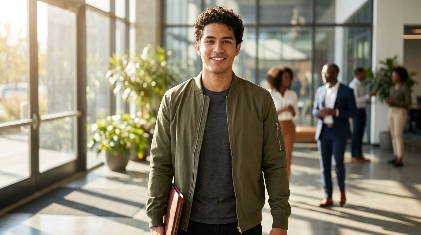 Young professional walking through the entrance of a modern corporate campus on a bright summer morning, glass building