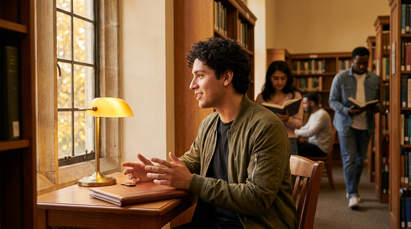 Student in a crisp white button-down sitting at a small table in a quiet library corner practicing an interview answer, 