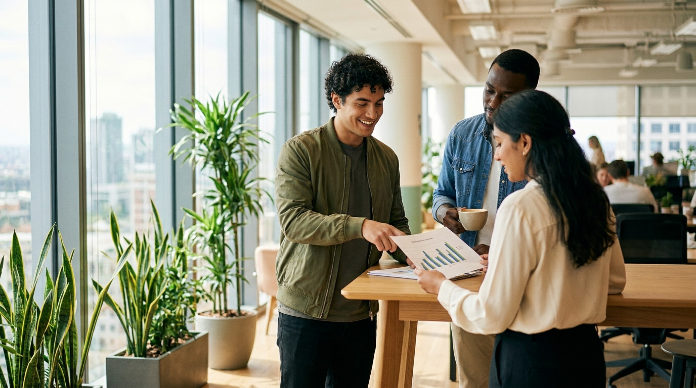 Three young professionals clustered around a standing-height table in a bright open-plan office, one pointing at a print