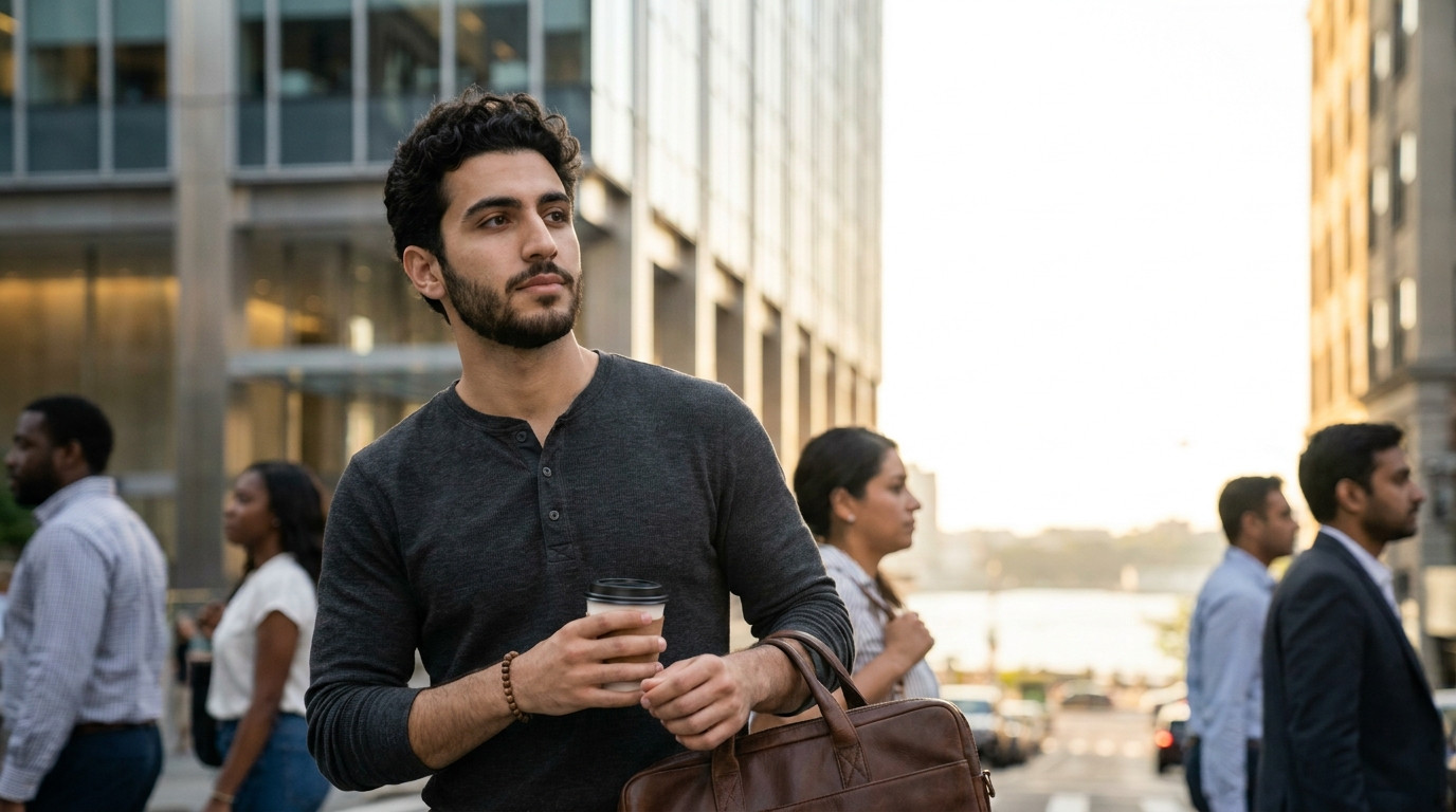 Young professional in a crisp white shirt walking past a modern glass and steel office tower in Lower Manhattan on a cle