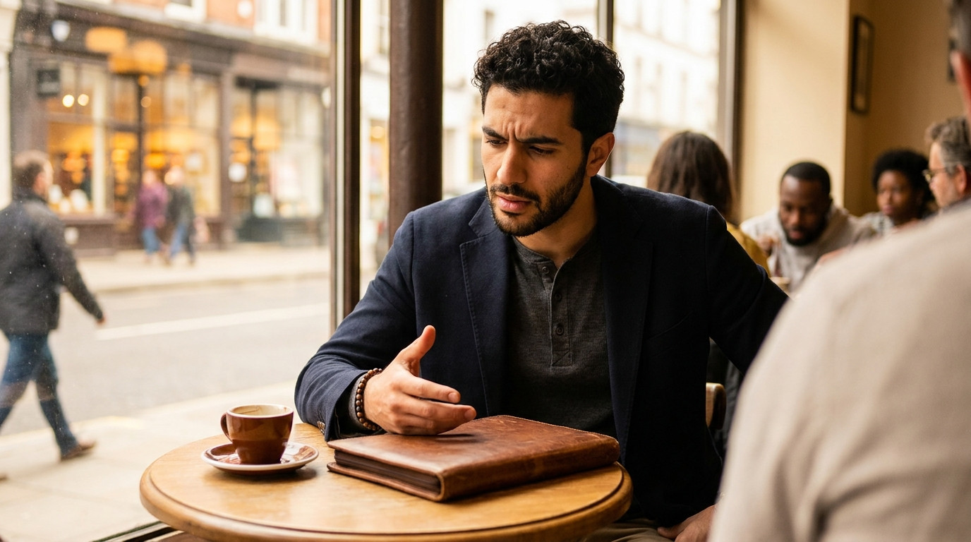 Student in a navy blazer seated at a small round table in a quiet cafe practicing interview responses, hands gesturing m