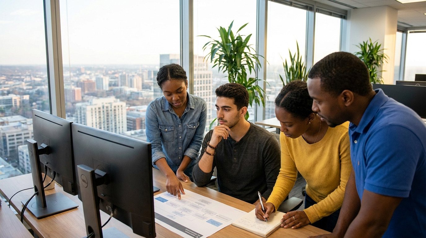 Four interns gathered around a double-monitor workstation in a bright open-plan office, one pointing at a printed chart 