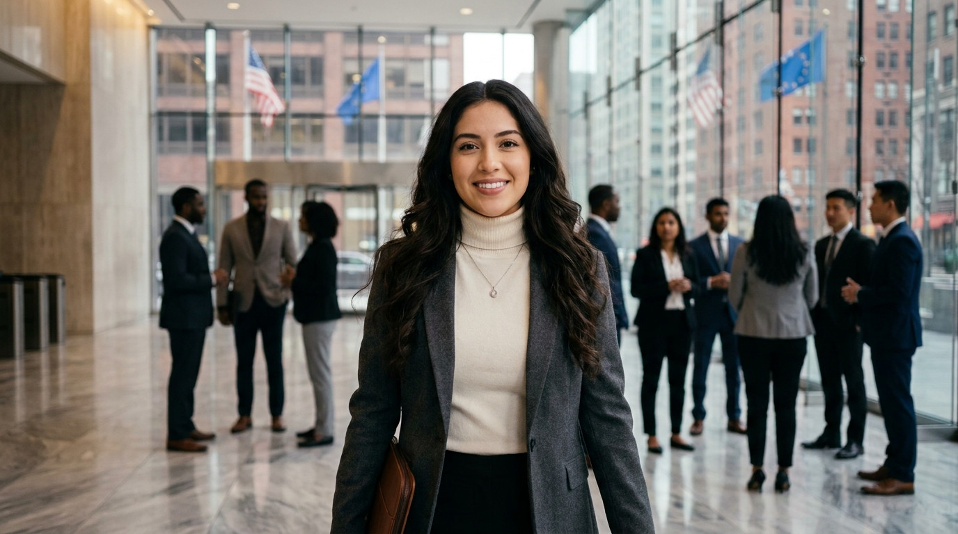 Young professional in a charcoal suit walking through a modern glass-walled lobby on a weekday morning, polished marble 