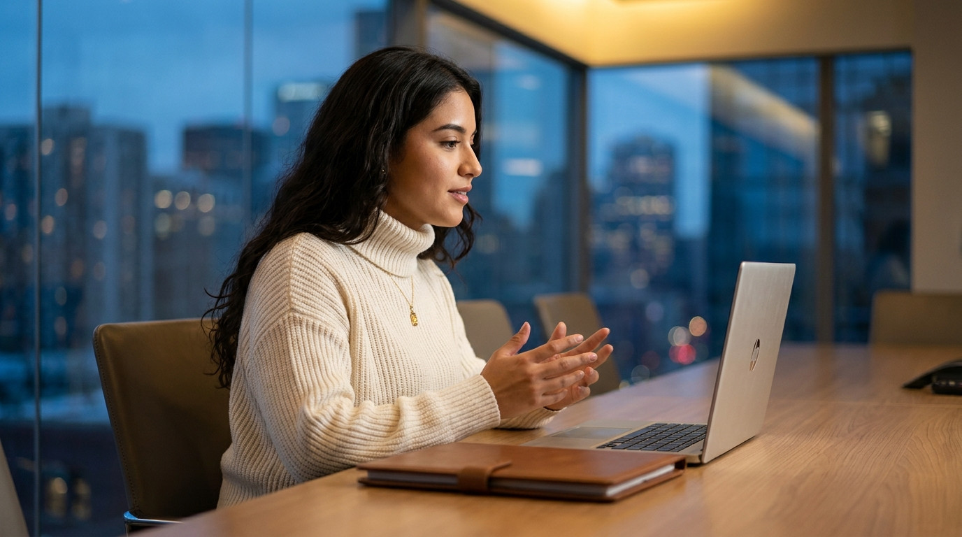 Student in business casual sitting upright in a quiet conference room rehearsing a video interview answer into a laptop 