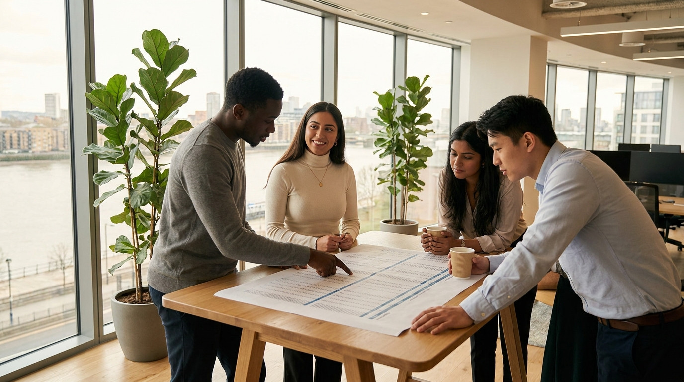 Four interns gathered around a standing-height table in a bright open-plan office reviewing a printed financial model, o