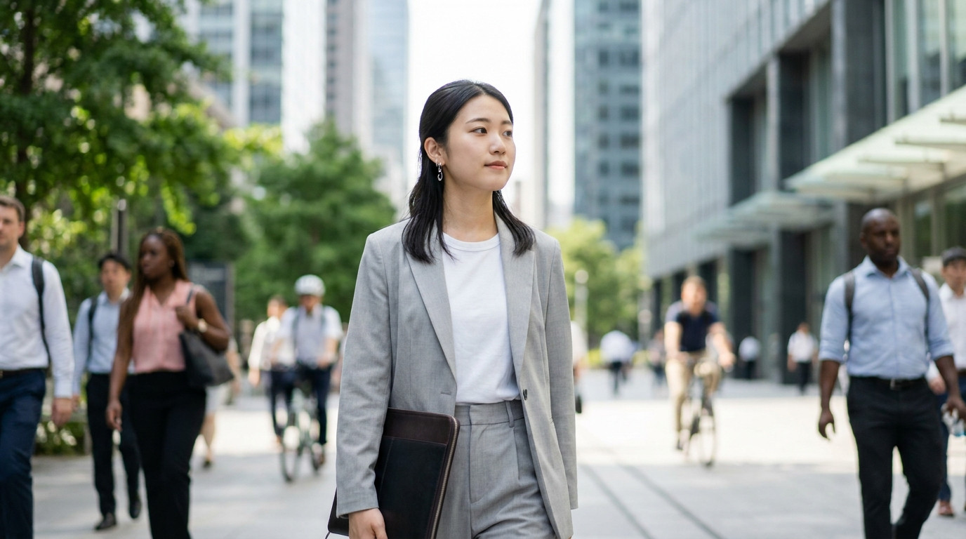 Young professional in a light gray suit walking through an uptown financial district sidewalk on a warm summer morning, 