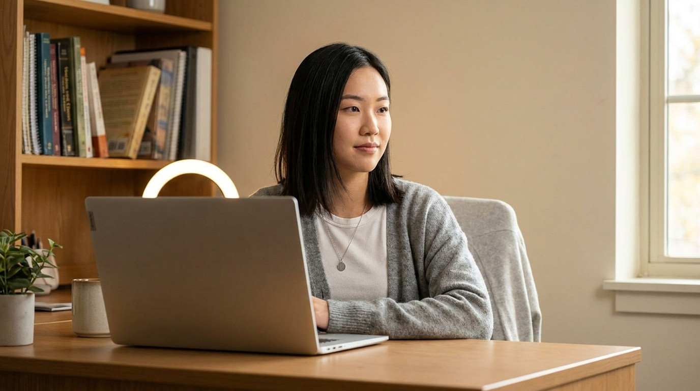 Student in business casual seated at a clean desk in a dorm room, looking directly into a laptop webcam with confident p