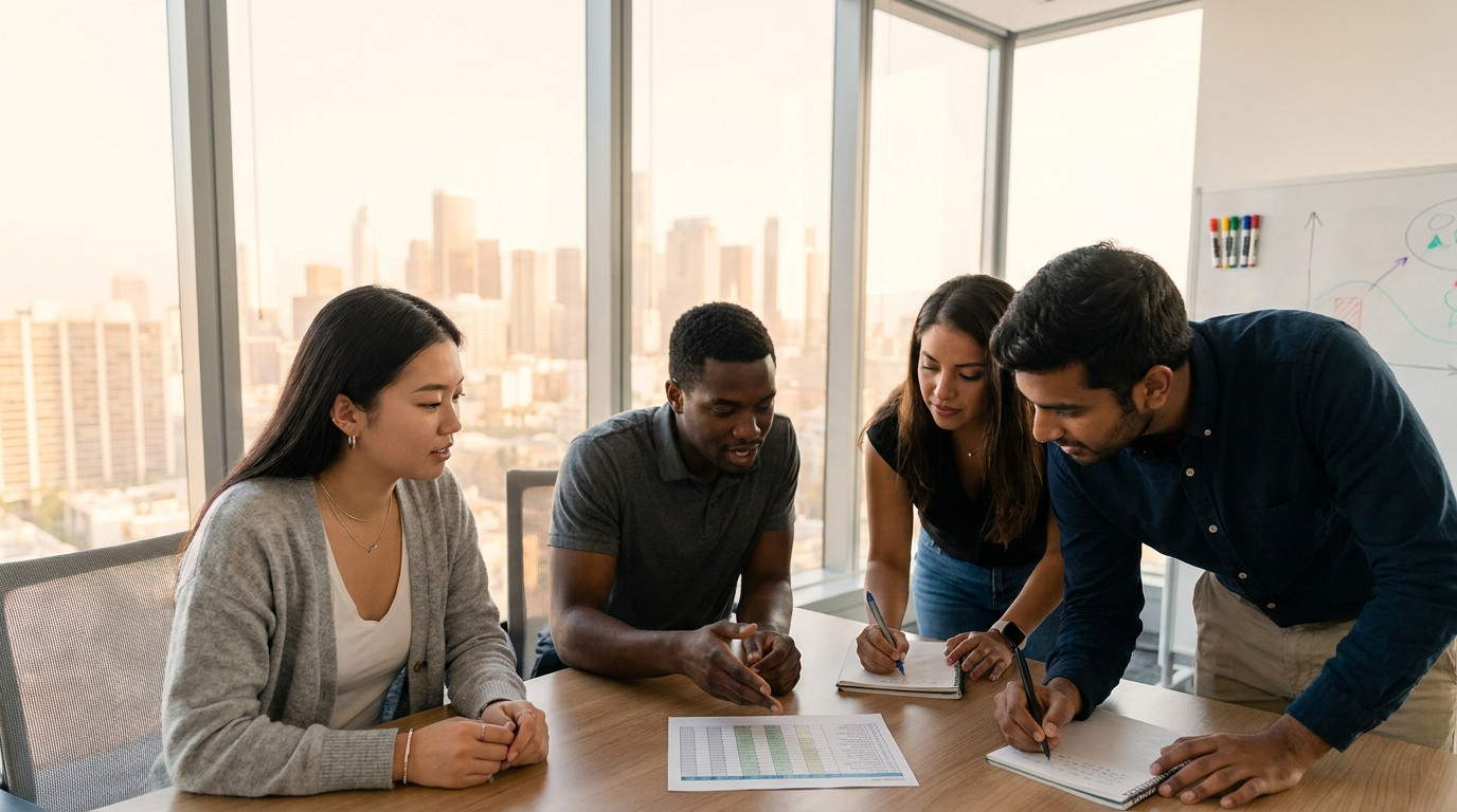 Four interns gathered around a conference table in a bright modern office, one gesturing at a printed spreadsheet while 