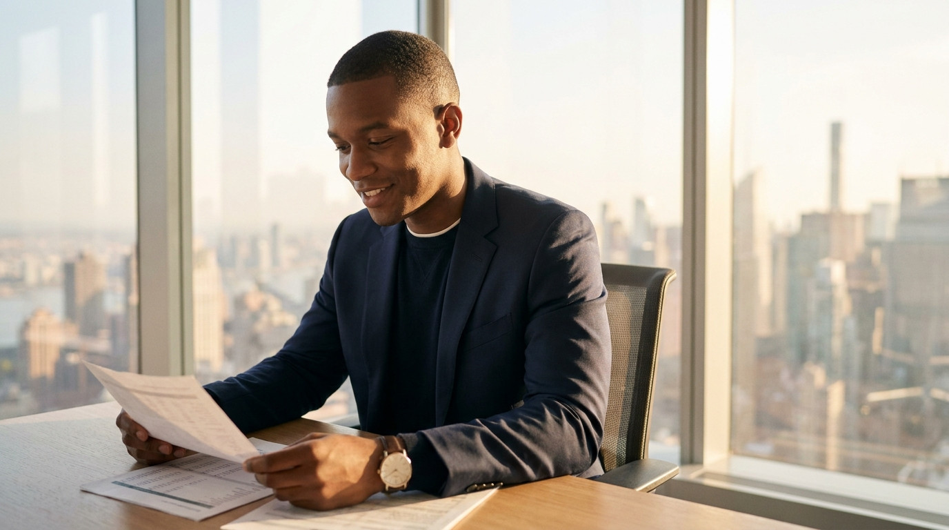 Young professional in a tailored dark suit sitting alone at a minimalist desk in a high-floor corner office, reviewing p