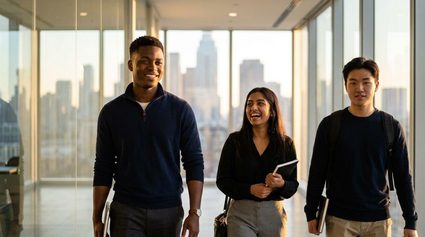 Three interns in business casual walking together through a glass-walled corridor of a modern office building, city skyl