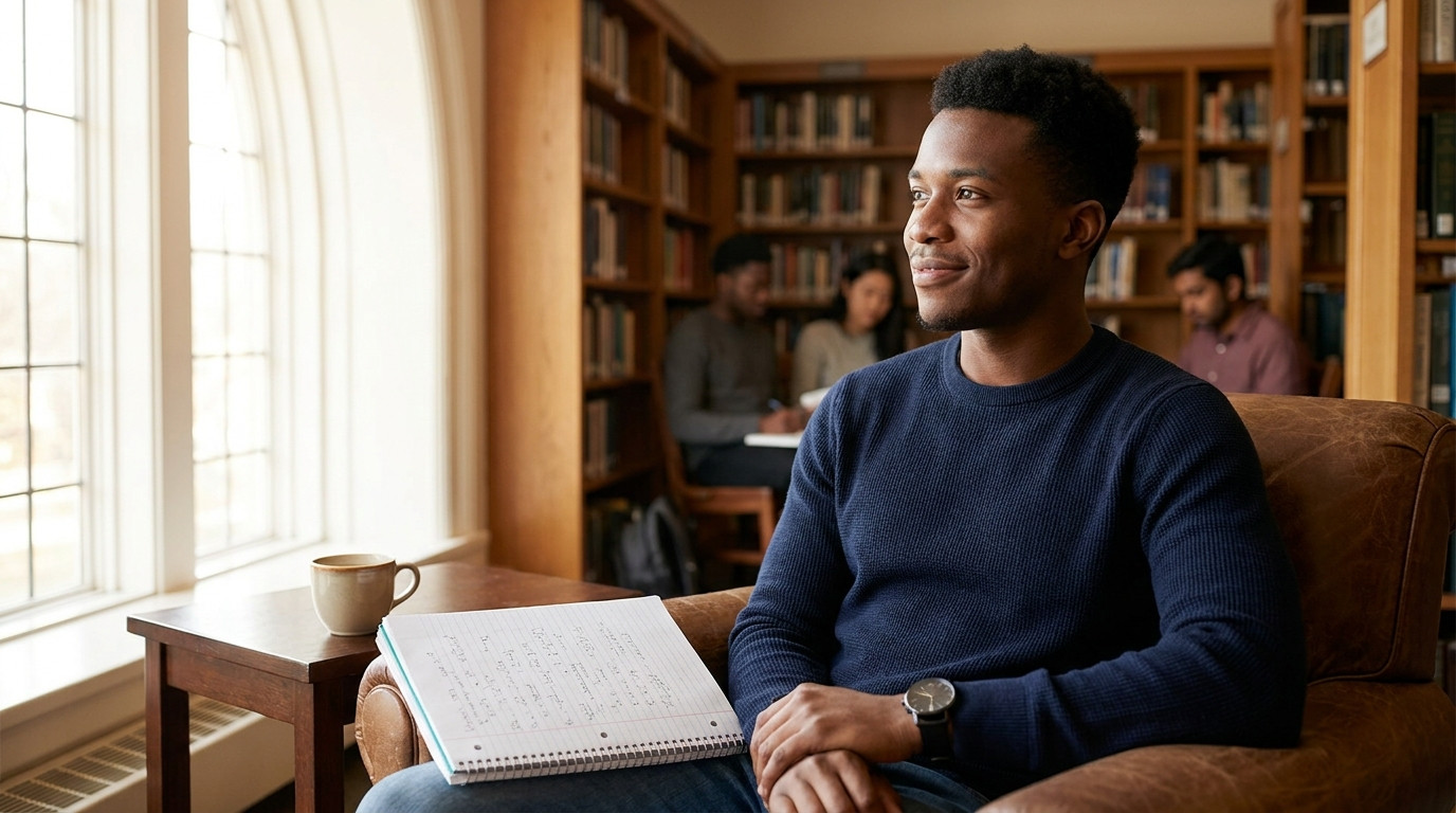 Student in smart casual sitting in a leather armchair in a quiet library corner, a spiral notebook open on one knee with