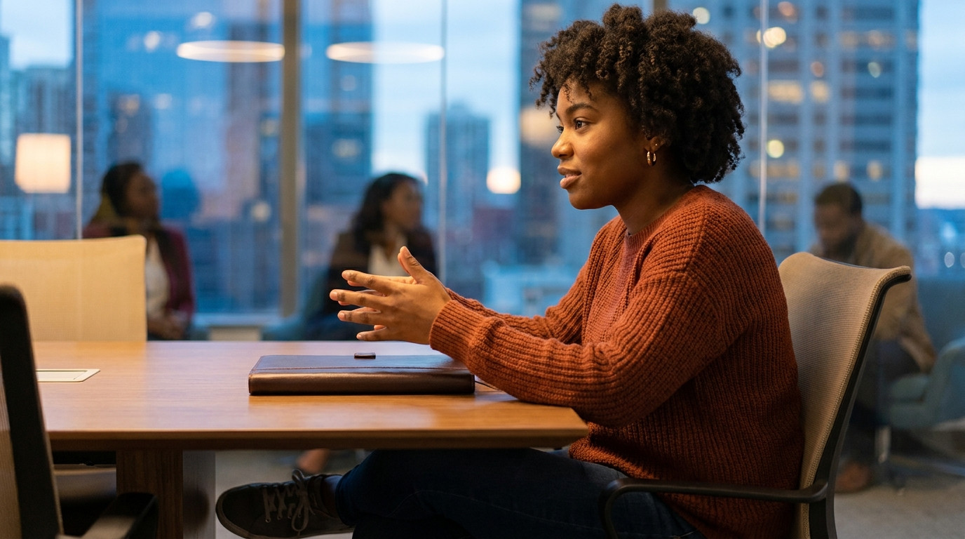 Student in business casual sitting upright in a quiet conference room rehearsing an interview answer, hands mid-gesture 