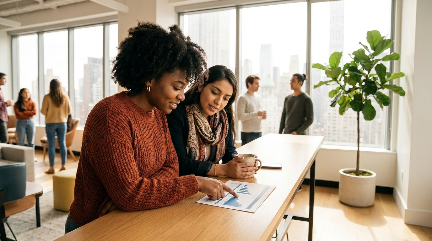 Two interns gathered around a standing-height table in a bright open-plan office reviewing a printed financial chart, on