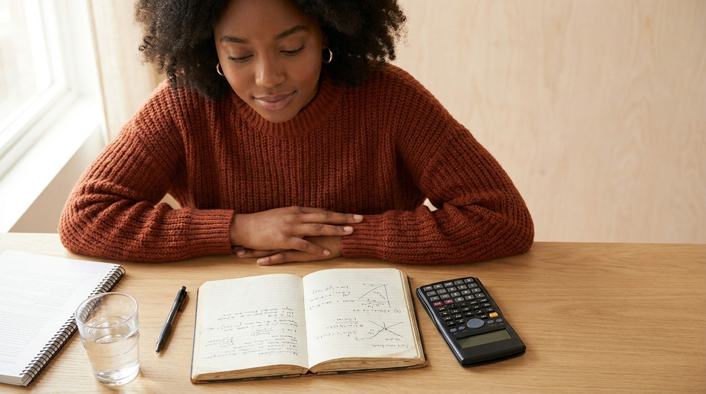 Overhead close-up of a tidy study desk staged for technical interview prep, a financial calculator resting on an open no