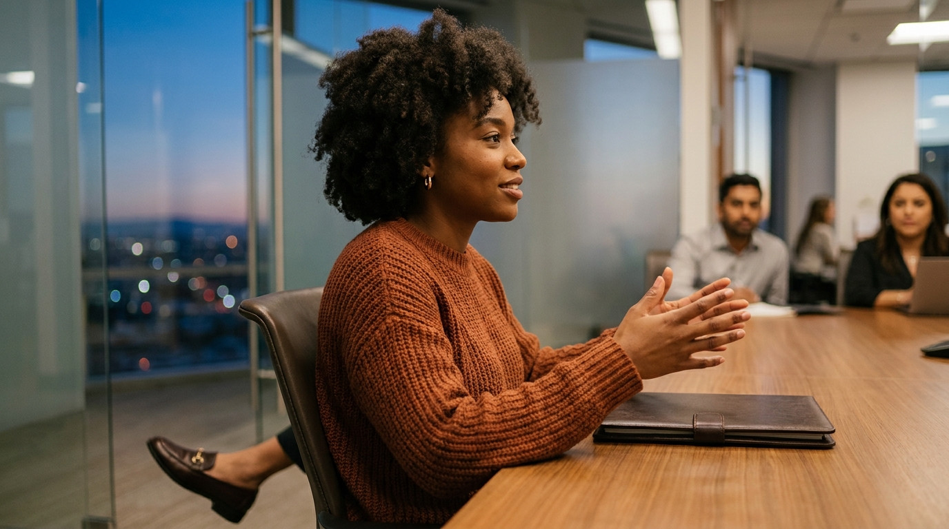 Student in business casual sitting upright in a quiet conference room rehearsing an interview answer, hands mid-gesture 