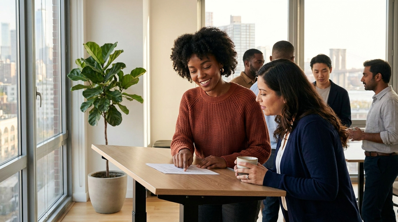 Two interns collaborating at a standing-height desk in a bright open-plan office, one pointing at a printed deal summary
