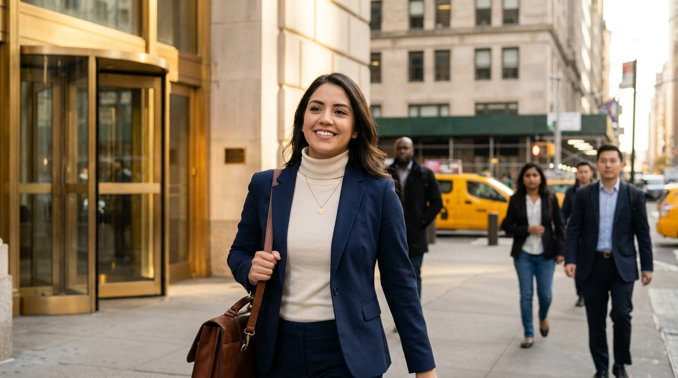 Young professional in a slim navy suit walking past a limestone-clad Park Avenue office tower in Midtown Manhattan, morn