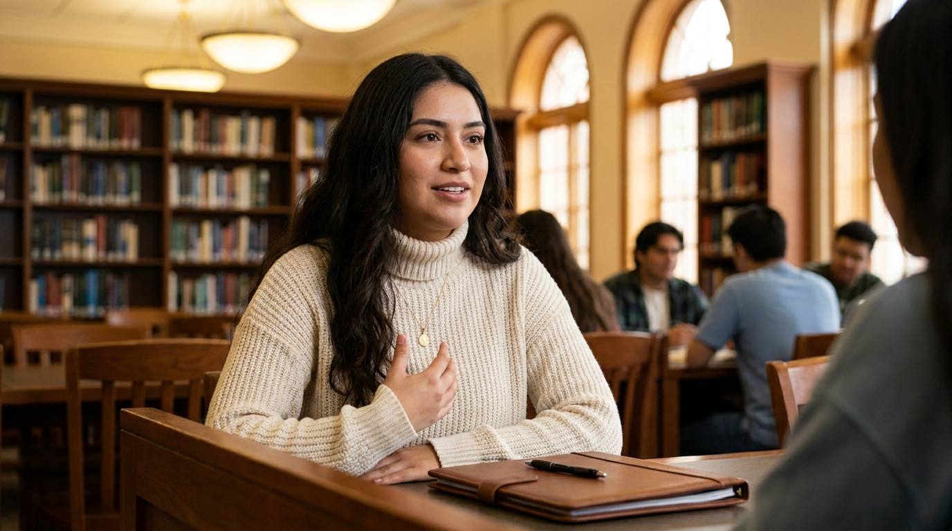 Student in business formal sitting at a library carrel with a closed padfolio and pen, one hand gesturing mid-thought as