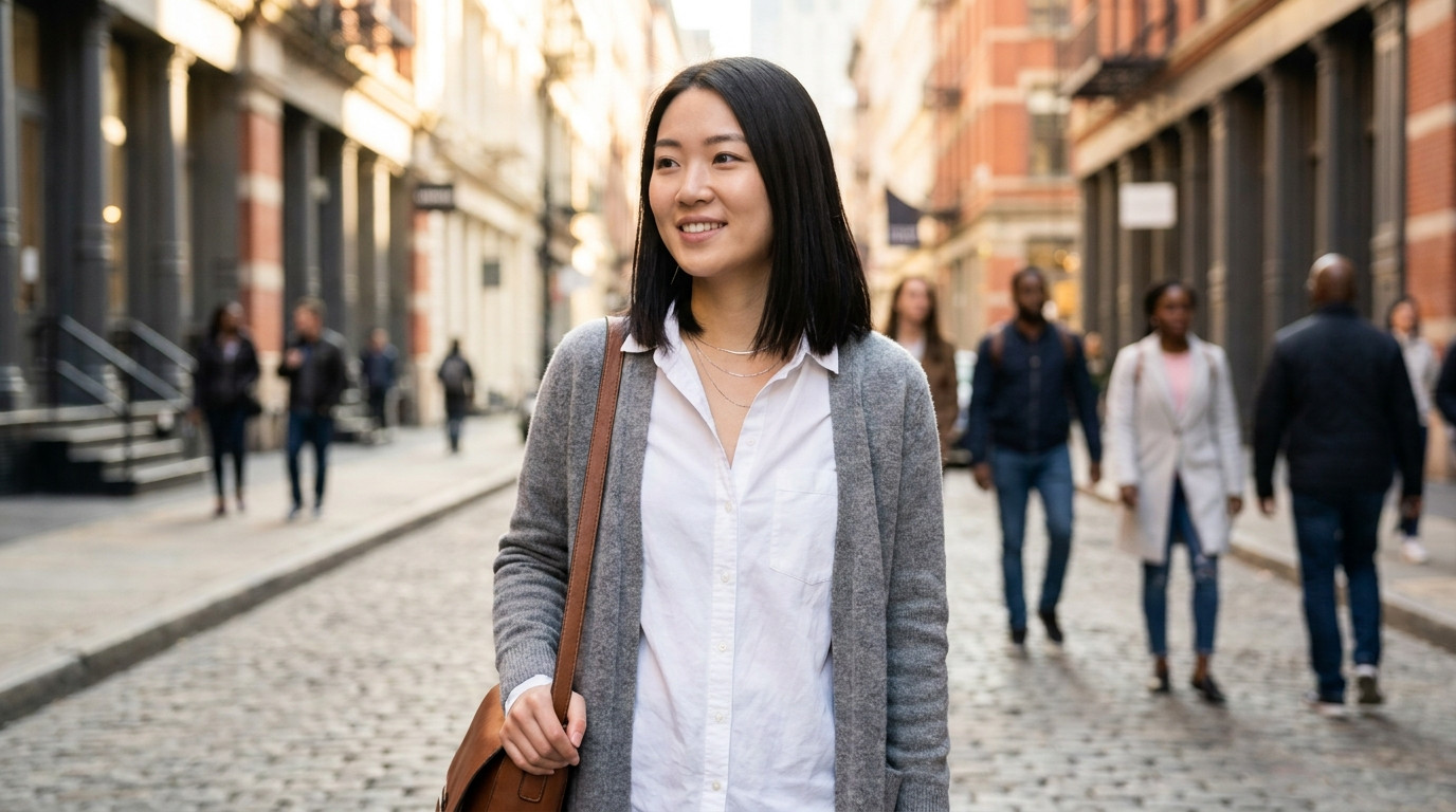 Young professional in a casual button-down walking through a SoHo cobblestone street on a clear weekday morning, cast-ir