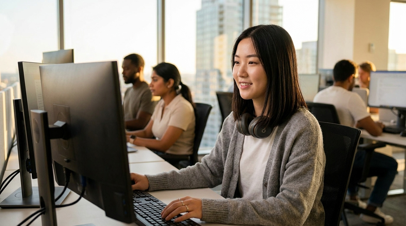 Intern sitting at a dual-monitor workstation in a bright open-plan tech office, headphones around neck, one hand on keyb